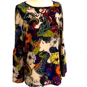 PECK & PECK Fluted Sleeve Black Red Green On Cream Floral Print Blouse Sz Medium